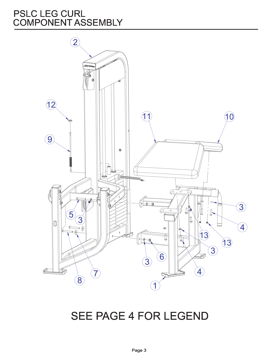 Life Fitness PSLC manual SEE PAGE 4 FOR LEGEND, Pslc Leg Curl Component Assembly, 1110, Page 