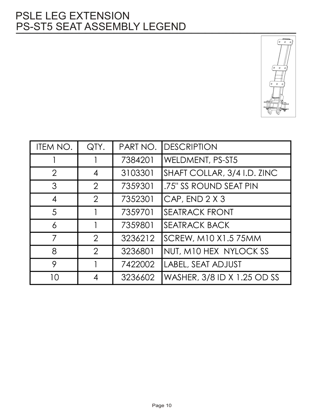 Life Fitness PSLE manual Psle LEG Extension PS-ST5 Seat Assembly Legend 