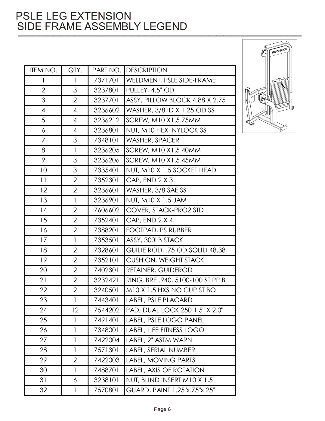 Life Fitness PSLE manual Psle LEG Extension Side Frame Assembly Legend 