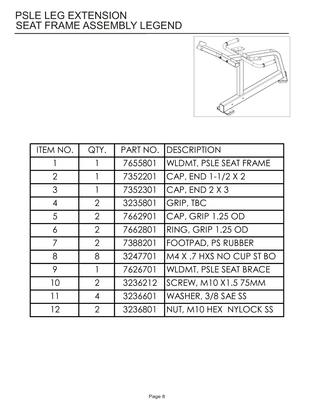 Life Fitness PSLE manual Psle LEG Extension Seat Frame Assembly Legend 