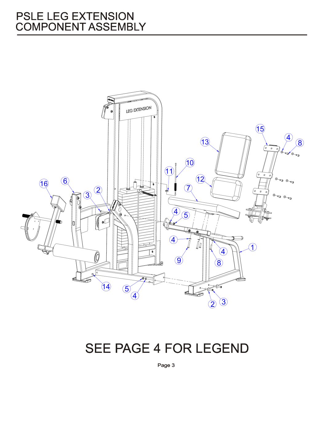 Life Fitness PSLE manual SEE PAGE 4 FOR LEGEND, Psle Leg Extension Component Assembly, Page 