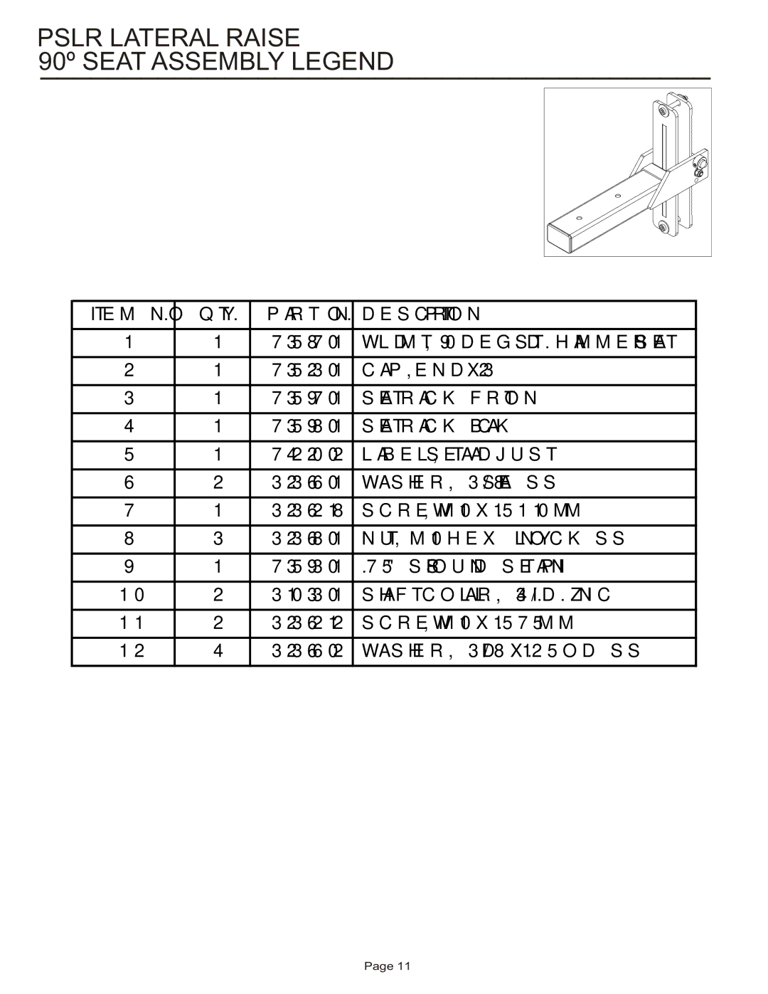 Life Fitness PSLR manual 90º Seat Assembly Legend 