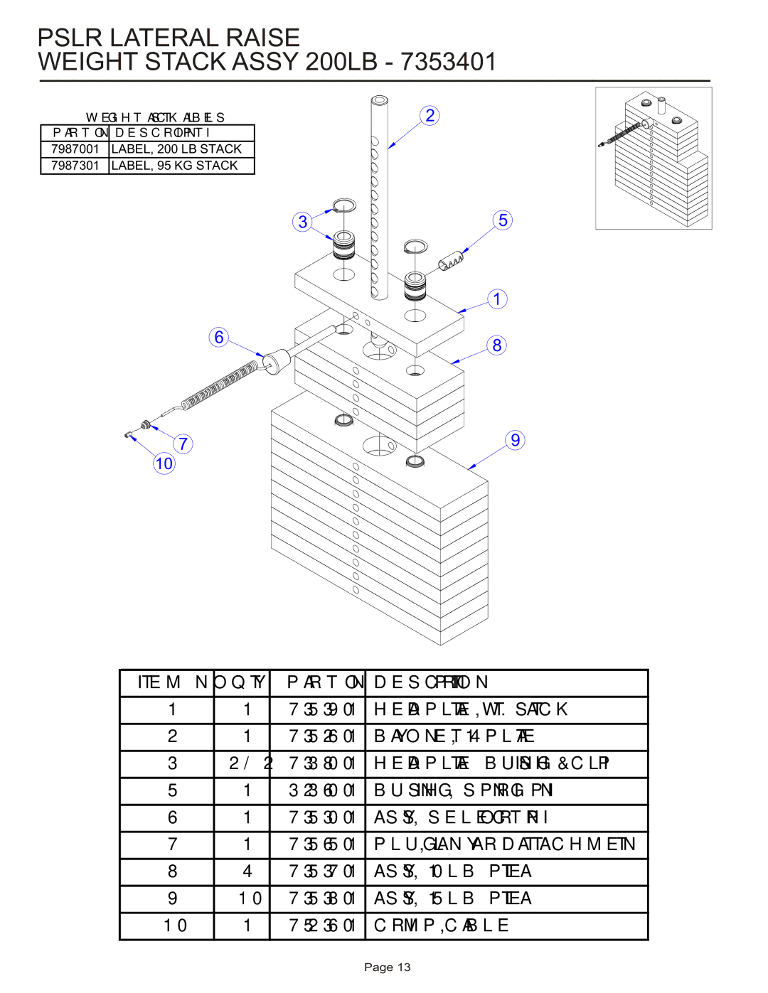 Life Fitness PSLR manual Pslr Lateral Raise Weight Stack Assy 200LB 