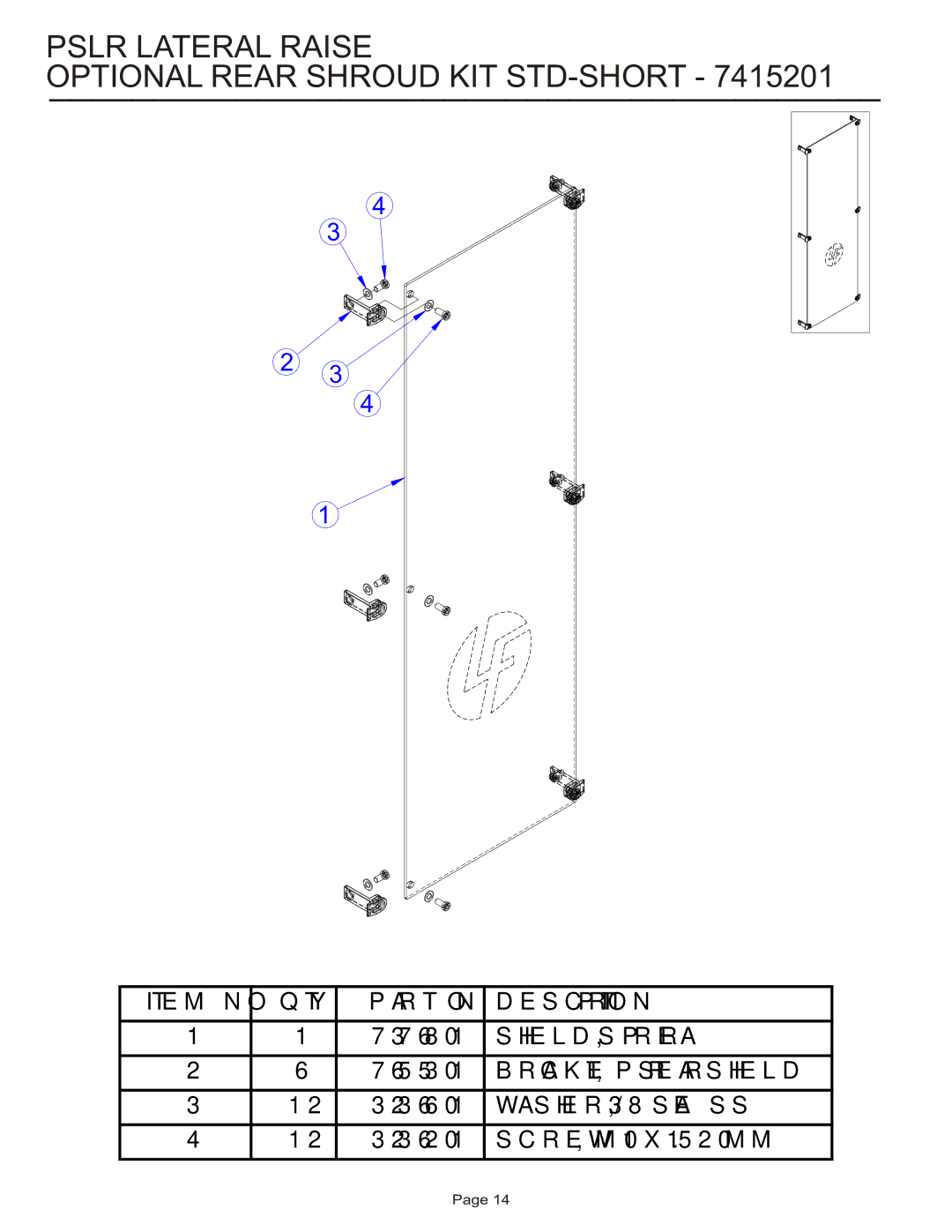 Life Fitness PSLR manual Pslr Lateral Raise Optional Rear Shroud KIT STD-SHORT 