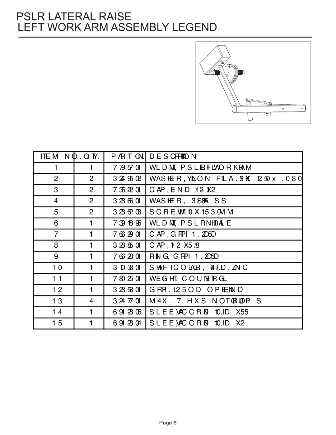 Life Fitness PSLR manual Pslr Lateral Raise Left Work ARM Assembly Legend 