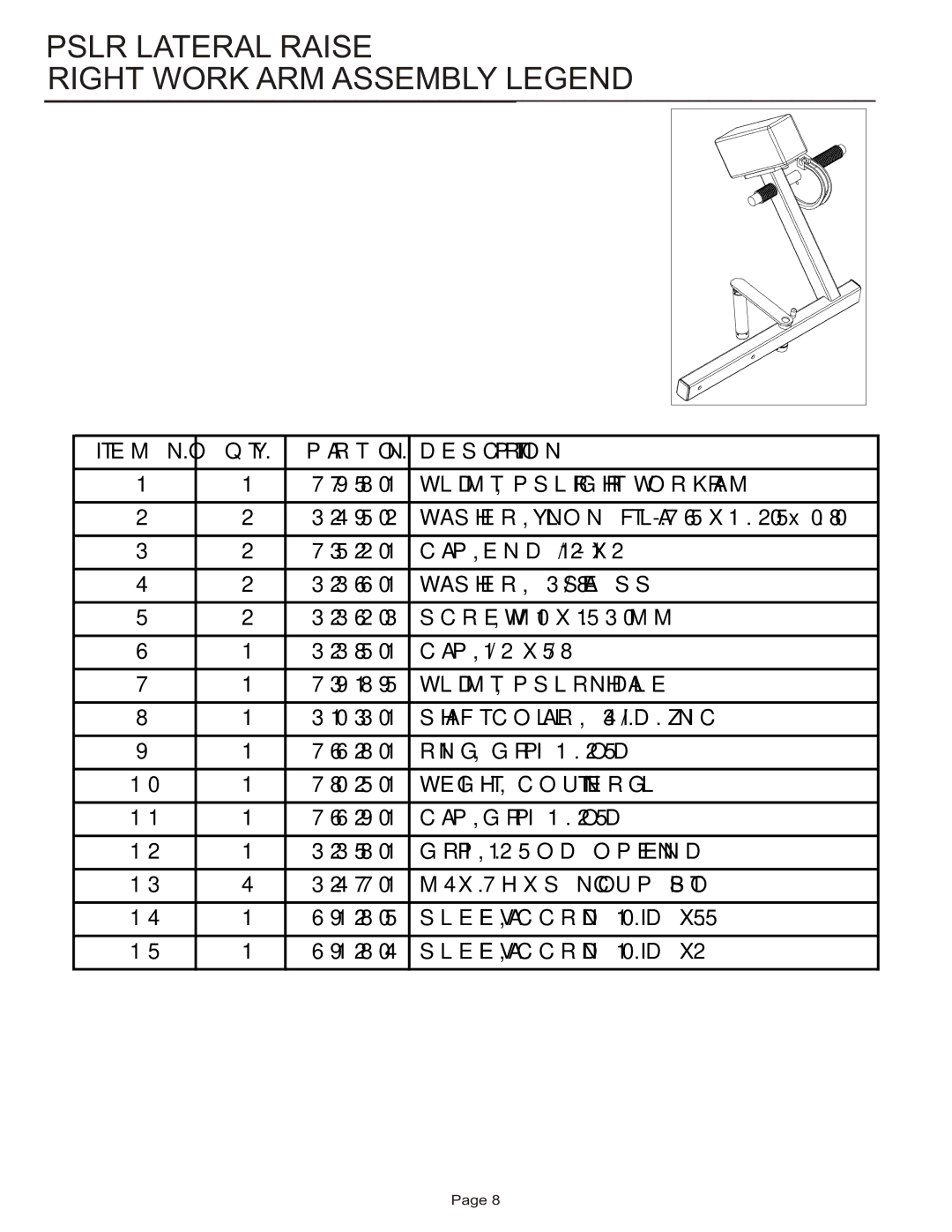 Life Fitness PSLR manual Pslr Lateral Raise Right Work ARM Assembly Legend 
