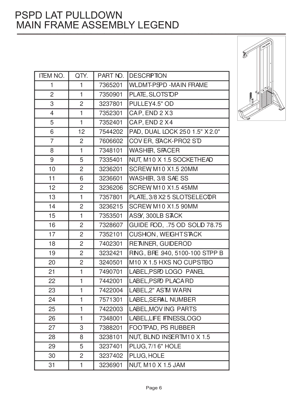 Life Fitness PSPD manual Pspd LAT Pulldown Main Frame Assembly Legend 