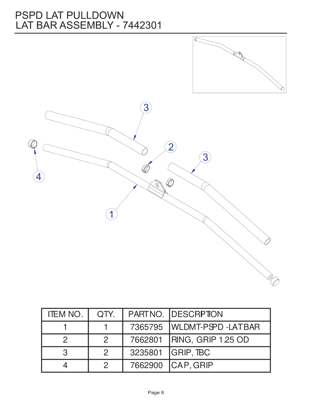 Life Fitness PSPD manual Pspd LAT Pulldown LAT BAR Assembly 