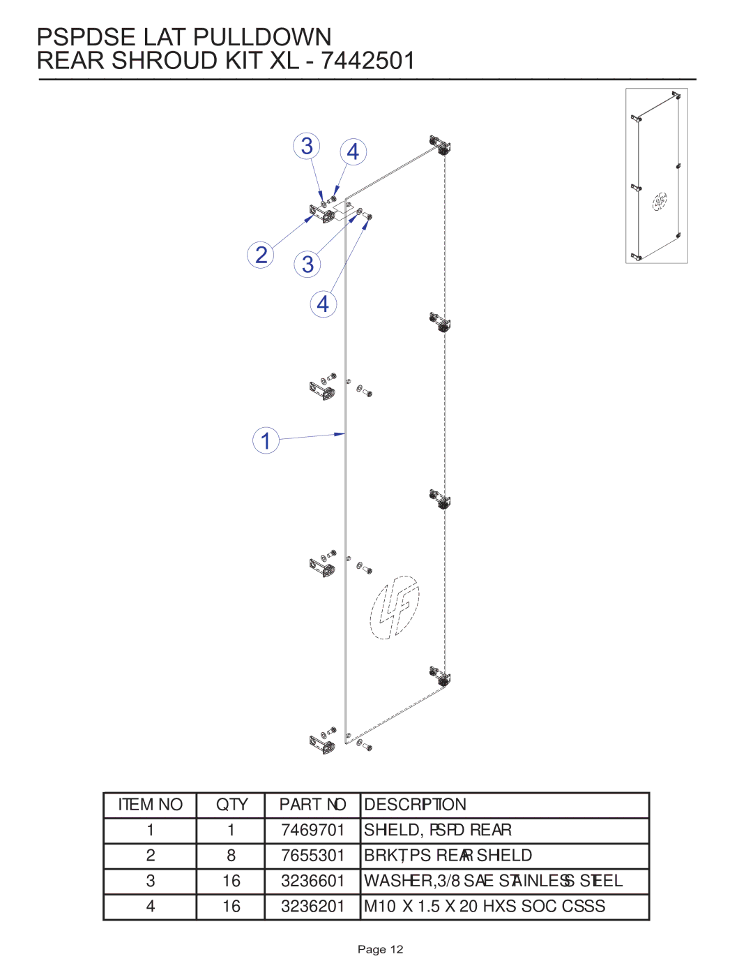 Life Fitness PSPDSE manual Pspdse LAT Pulldown Rear Shroud KIT XL 