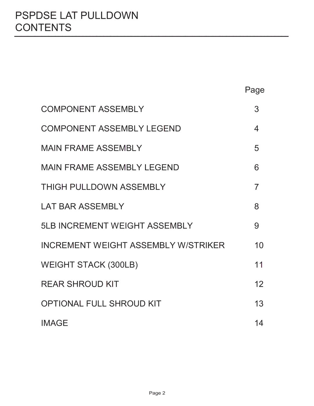 Life Fitness PSPDSE manual Pspdse LAT Pulldown Contents 