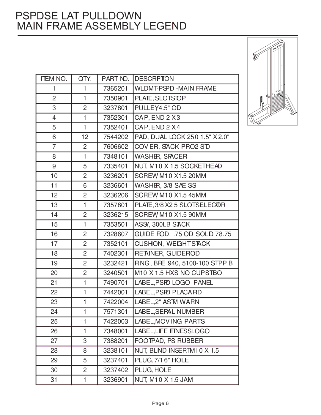 Life Fitness PSPDSE manual Pspdse LAT Pulldown Main Frame Assembly Legend 