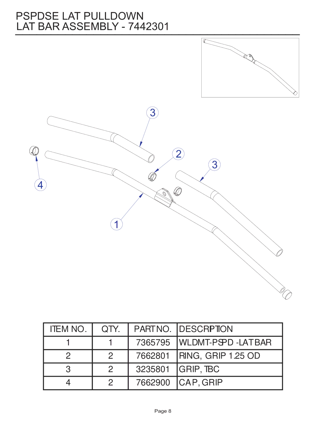 Life Fitness PSPDSE manual Pspdse LAT Pulldown LAT BAR Assembly 