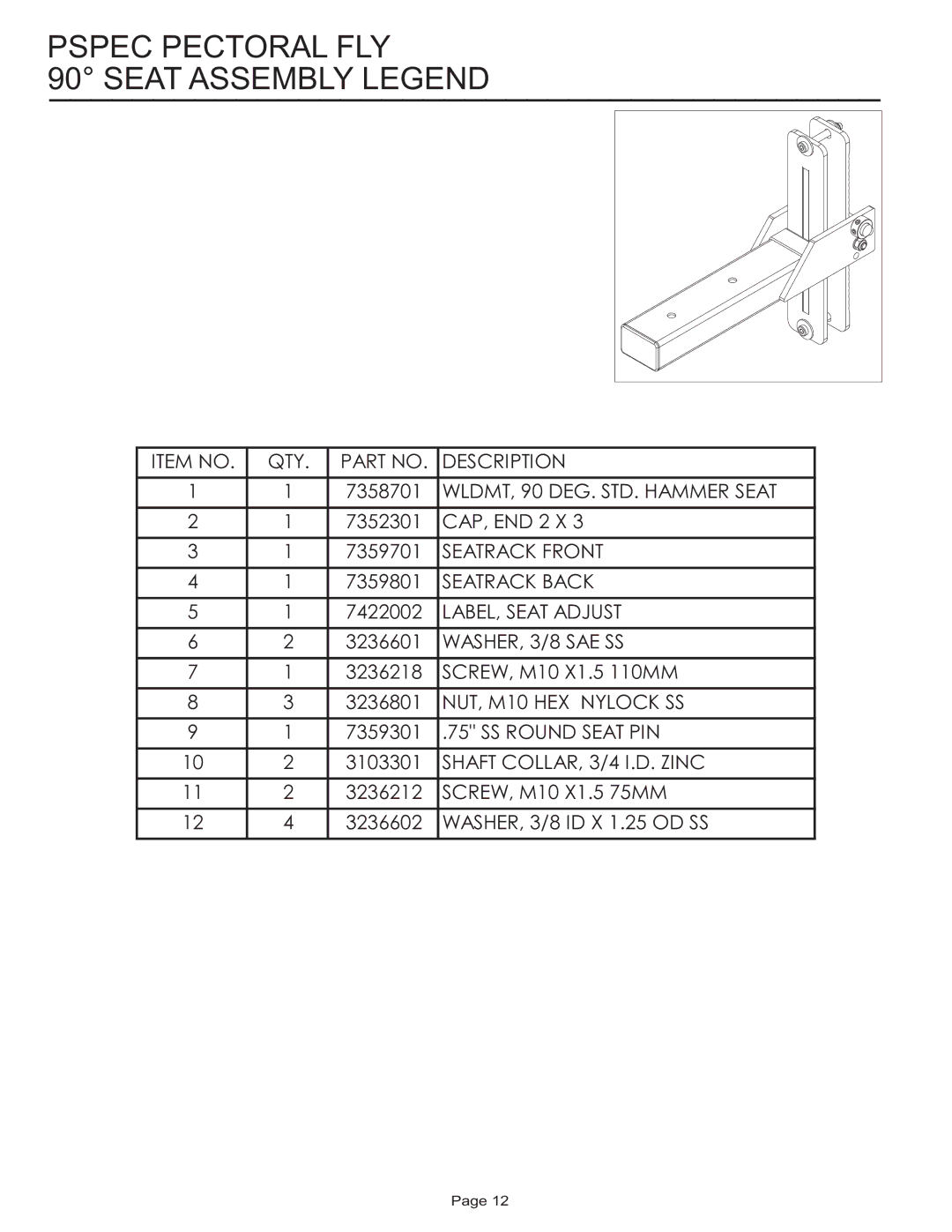 Life Fitness PSPEC manual Pspec Pectoral FLY Seat Assembly Legend 