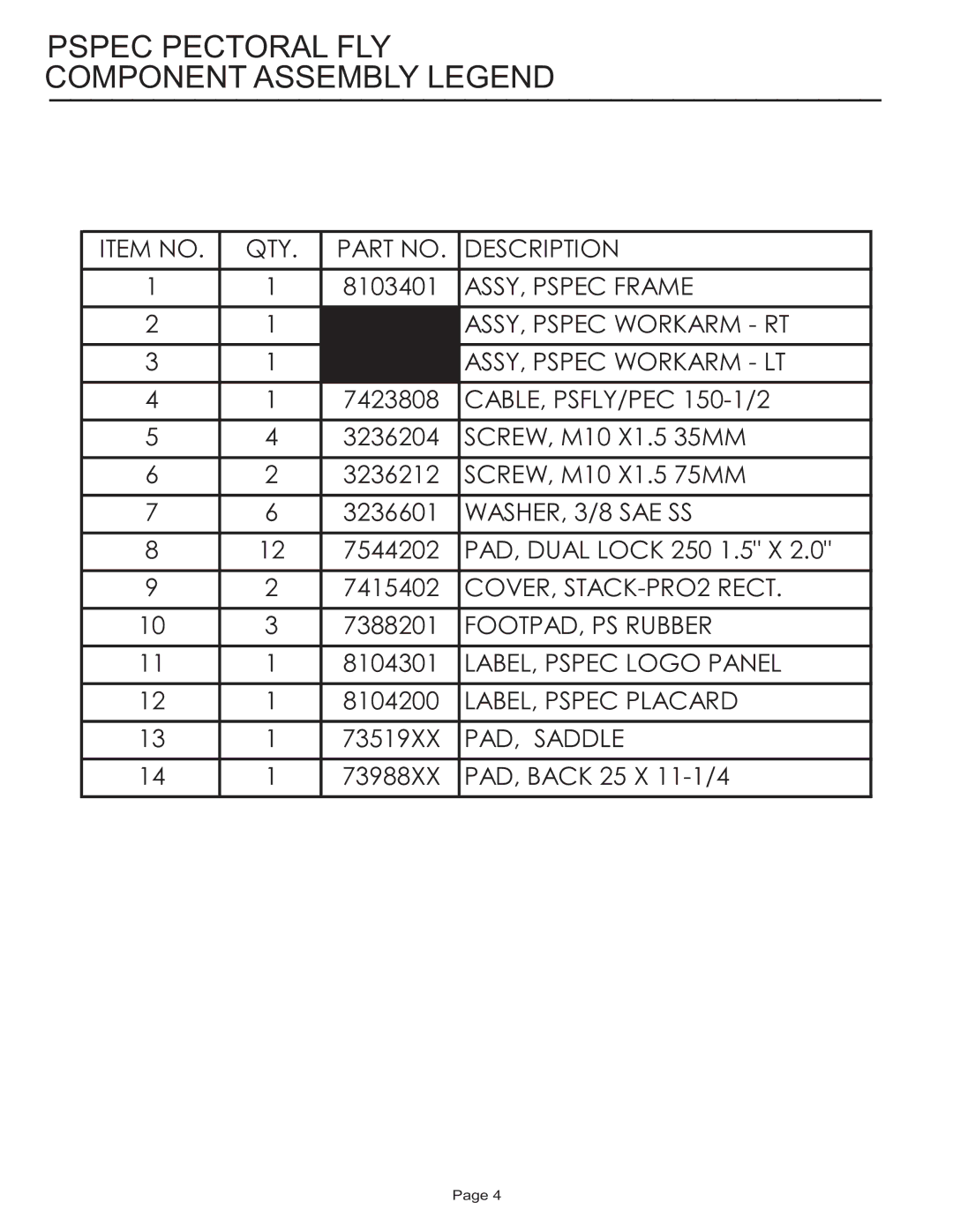 Life Fitness PSPEC manual Pspec Pectoral FLY Component Assembly Legend 