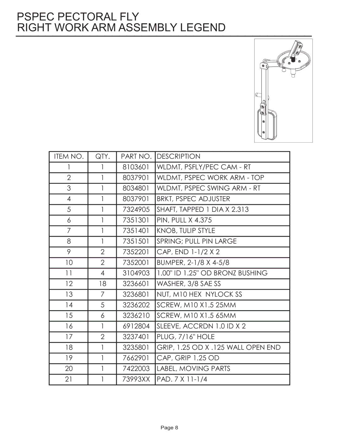 Life Fitness PSPEC manual Pspec Pectoral FLY Right Work ARM Assembly Legend 