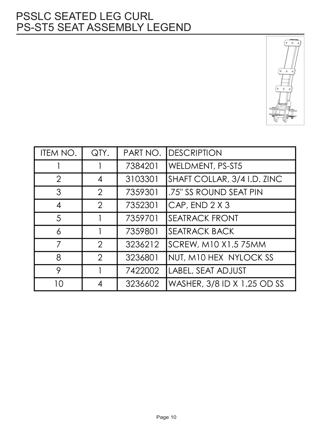 Life Fitness PSSLC manual Psslc Seated LEG Curl PS-ST5 Seat Assembly Legend 