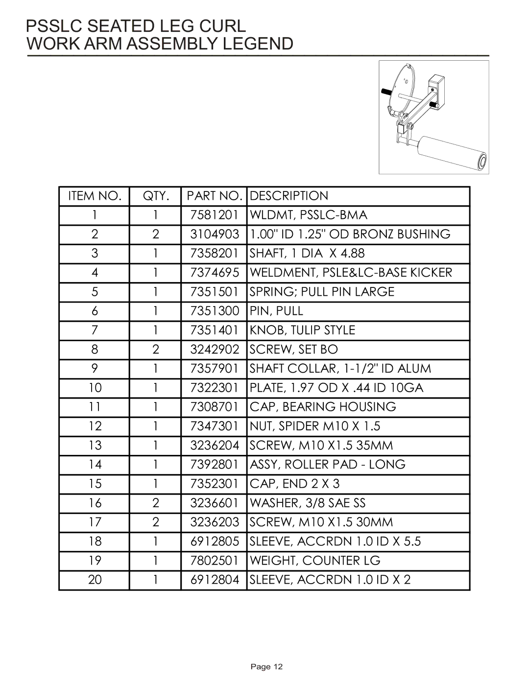 Life Fitness PSSLC manual Psslc Seated LEG Curl Work ARM Assembly Legend, 11 1 7308701 CAP, Bearing Housing 