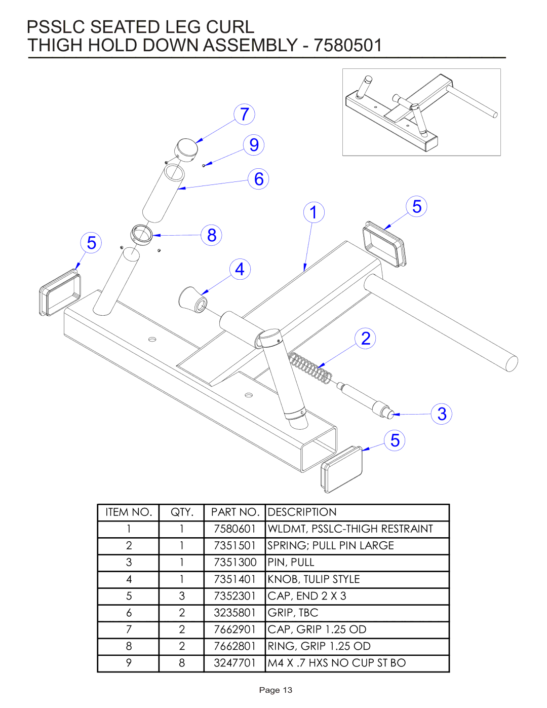 Life Fitness PSSLC manual Psslc Seated LEG Curl Thigh Hold Down Assembly 