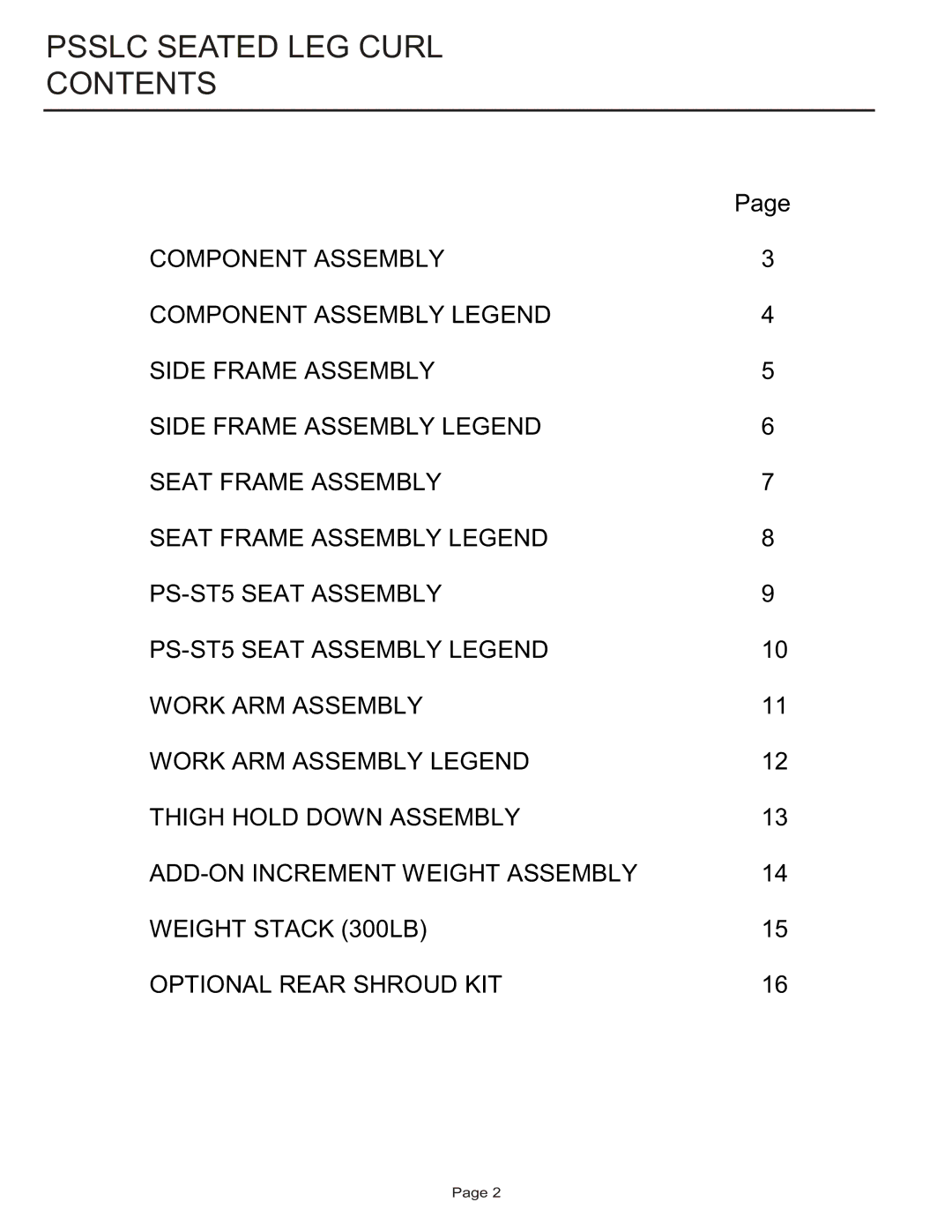 Life Fitness PSSLC manual Psslc Seated LEG Curl Contents 