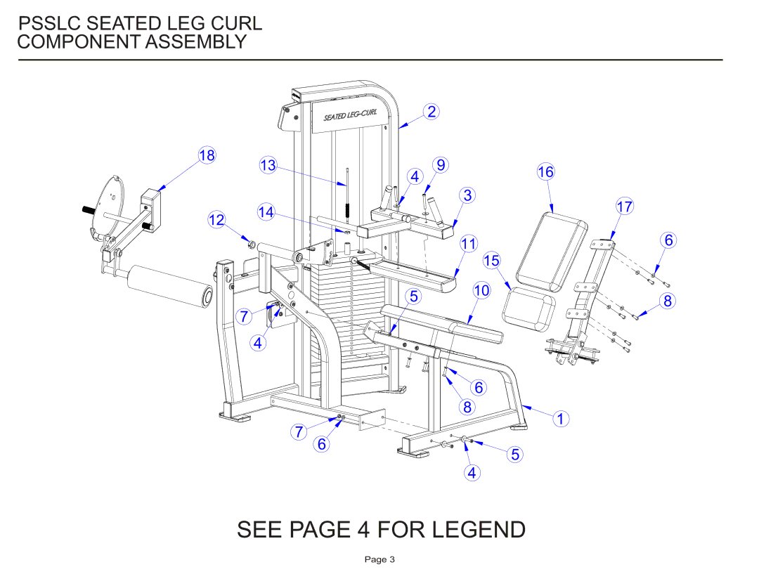 Life Fitness PSSLC manual See page 4 for Legend, Psslc Seated LEG Curl Component Assembly 