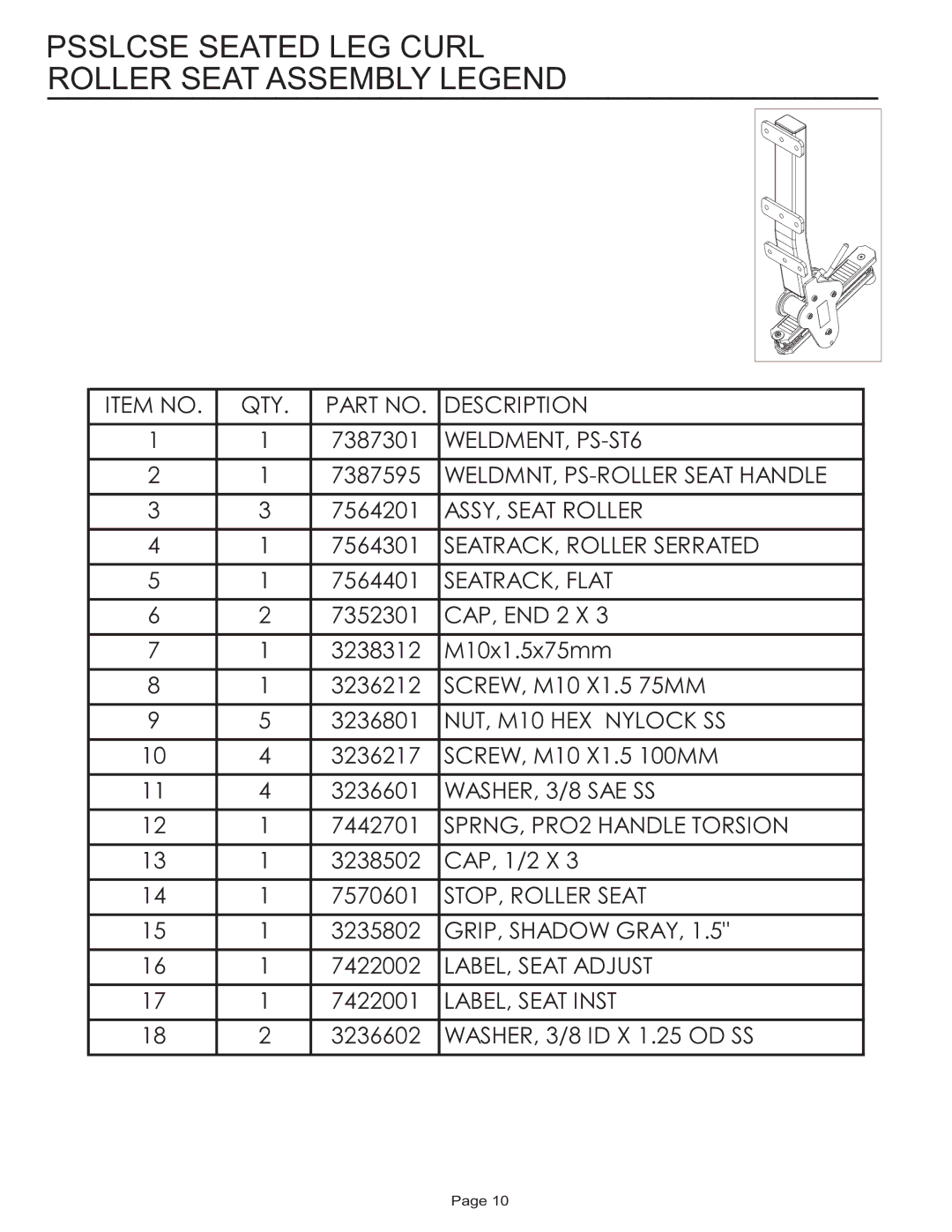 Life Fitness PSSLCSE manual Psslcse Seated LEG Curl Roller Seat Assembly Legend 