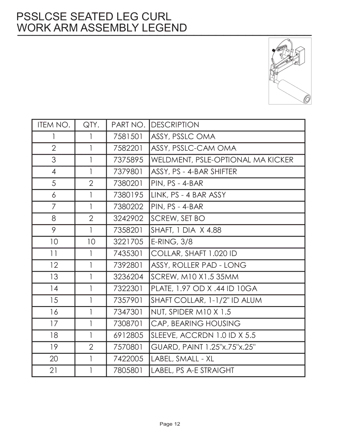 Life Fitness PSSLCSE manual Psslcse Seated LEG Curl Work ARM Assembly Legend 