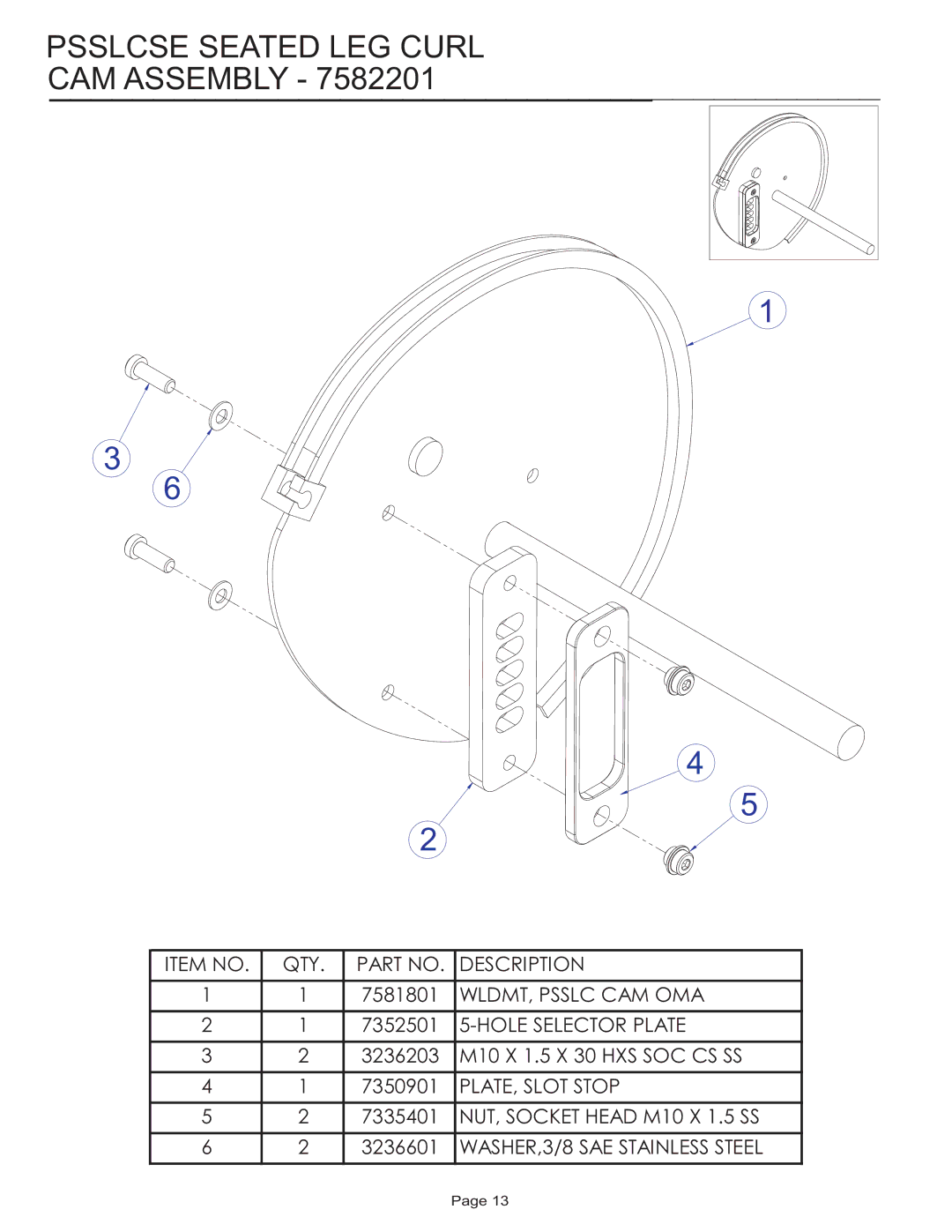 Life Fitness PSSLCSE manual CAM Assembly 