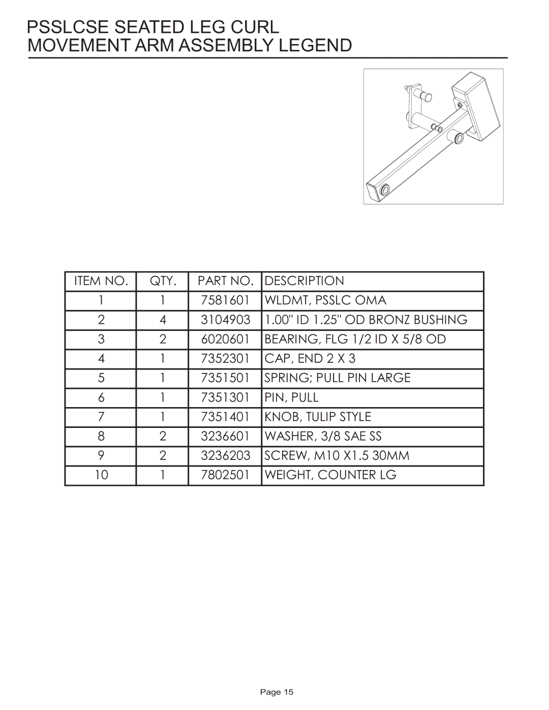 Life Fitness PSSLCSE manual Psslcse Seated LEG Curl Movement ARM Assembly Legend 