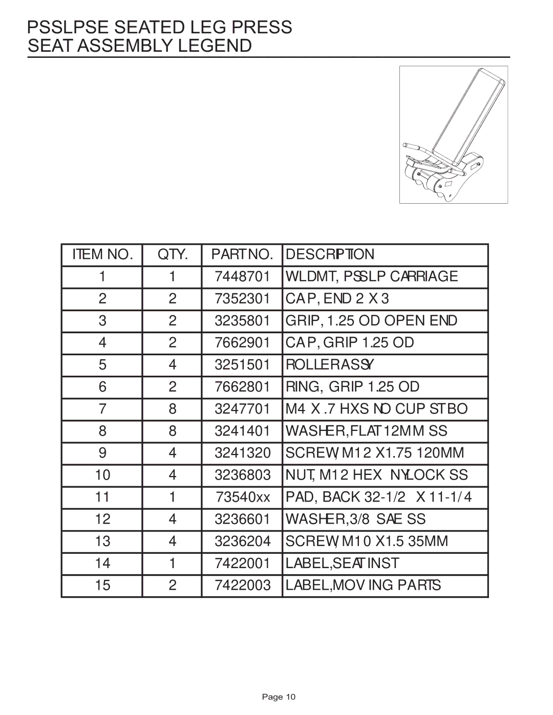 Life Fitness PSSLPSE manual Psslpse Seated LEG Press Seat Assembly Legend 