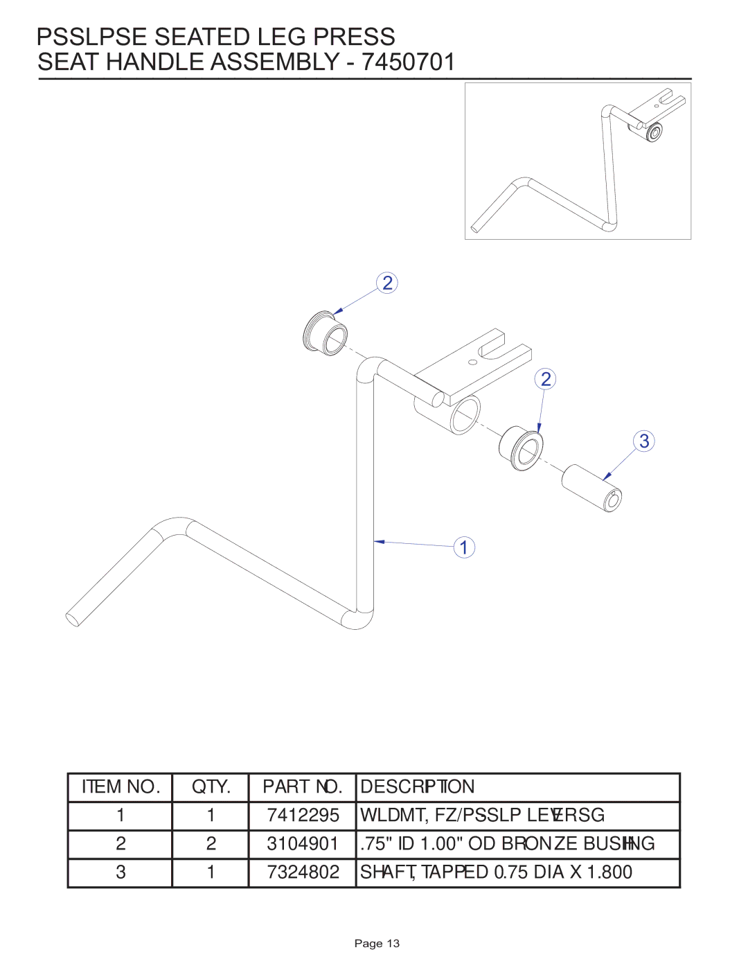 Life Fitness PSSLPSE manual Psslpse Seated LEG Press Seat Handle Assembly 