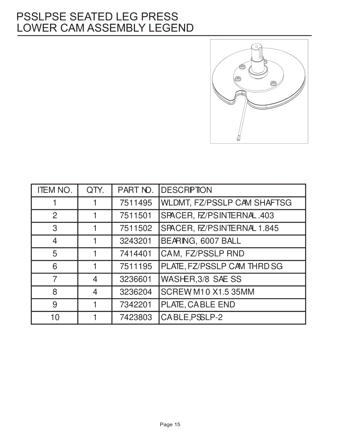 Life Fitness PSSLPSE manual Psslpse Seated LEG Press Lower CAM Assembly Legend 