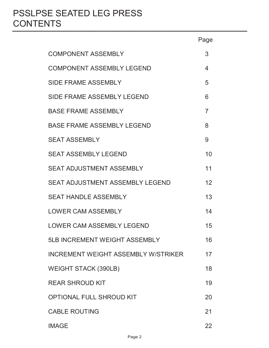 Life Fitness PSSLPSE manual Psslpse Seated LEG Press Contents 