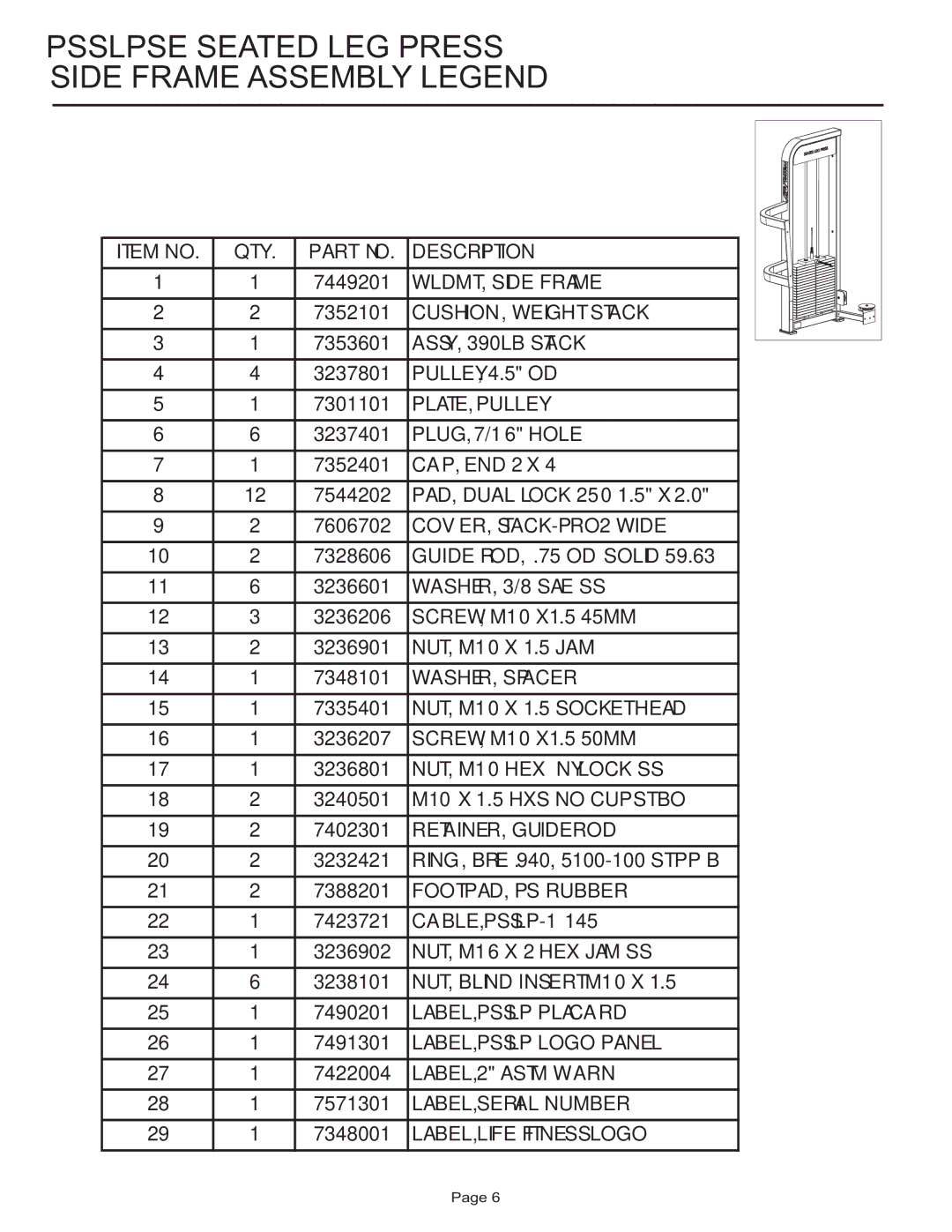 Life Fitness PSSLPSE manual Psslpse Seated LEG Press Side Frame Assembly Legend 