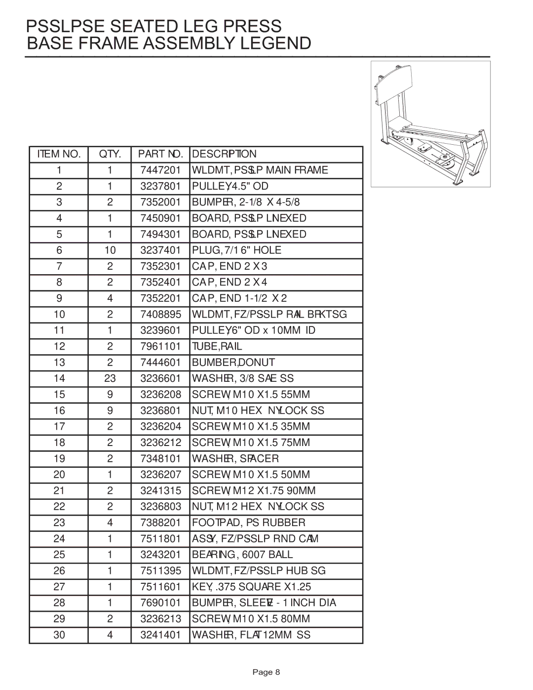 Life Fitness PSSLPSE manual Psslpse Seated LEG Press Base Frame Assembly Legend 