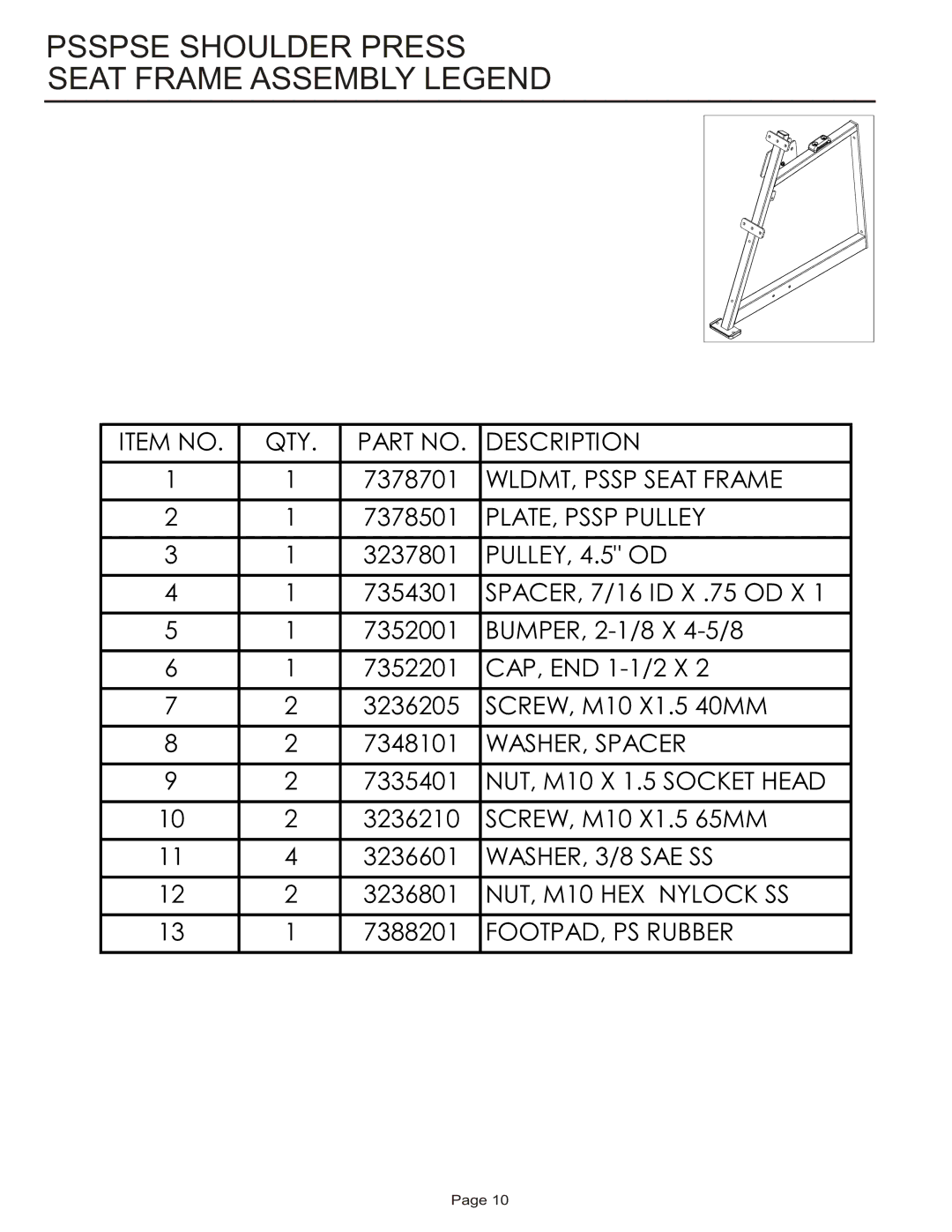 Life Fitness PSSPSE manual Psspse Shoulder Press Seat Frame Assembly Legend, PULLEY, 4.5 OD 