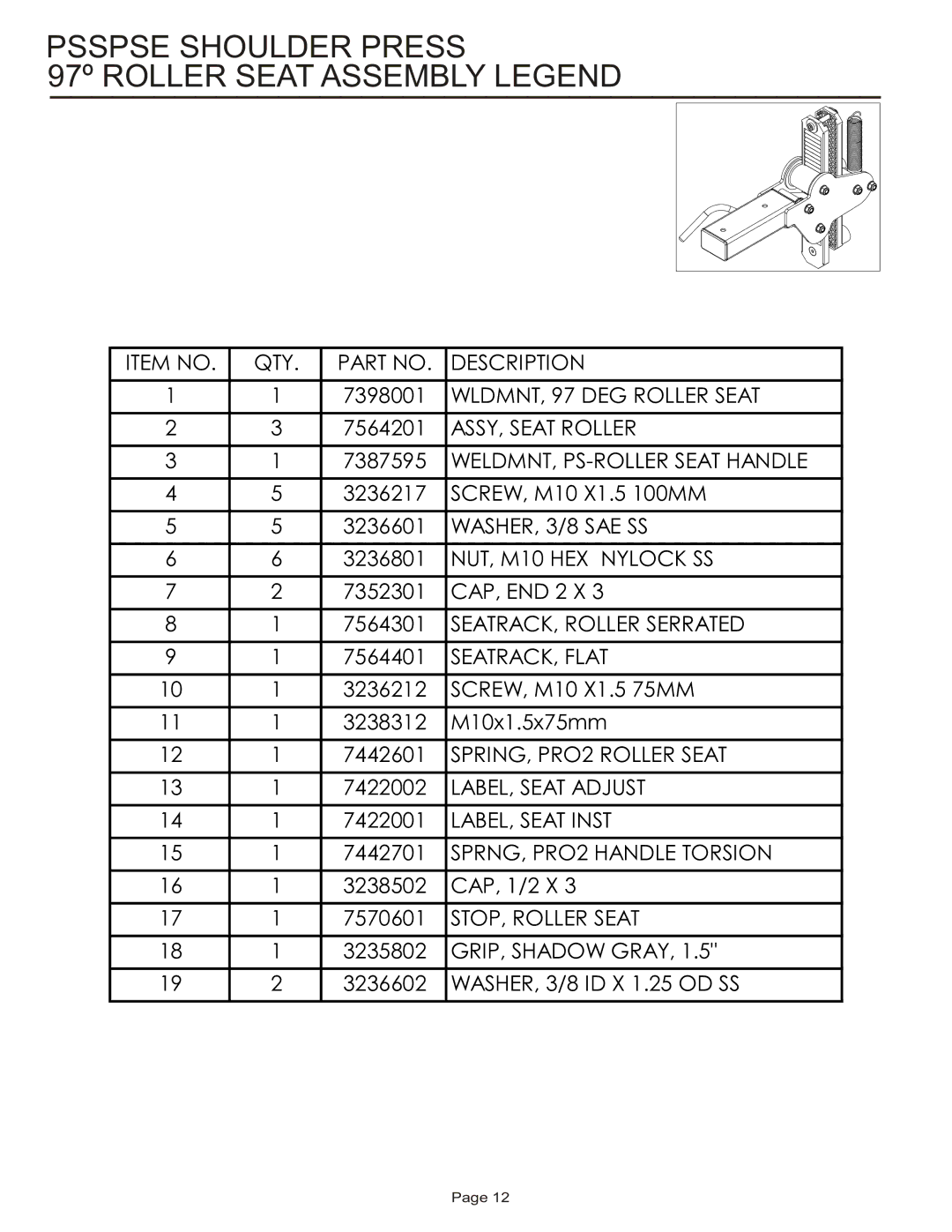 Life Fitness PSSPSE manual 97º Roller Seat Assembly Legend 