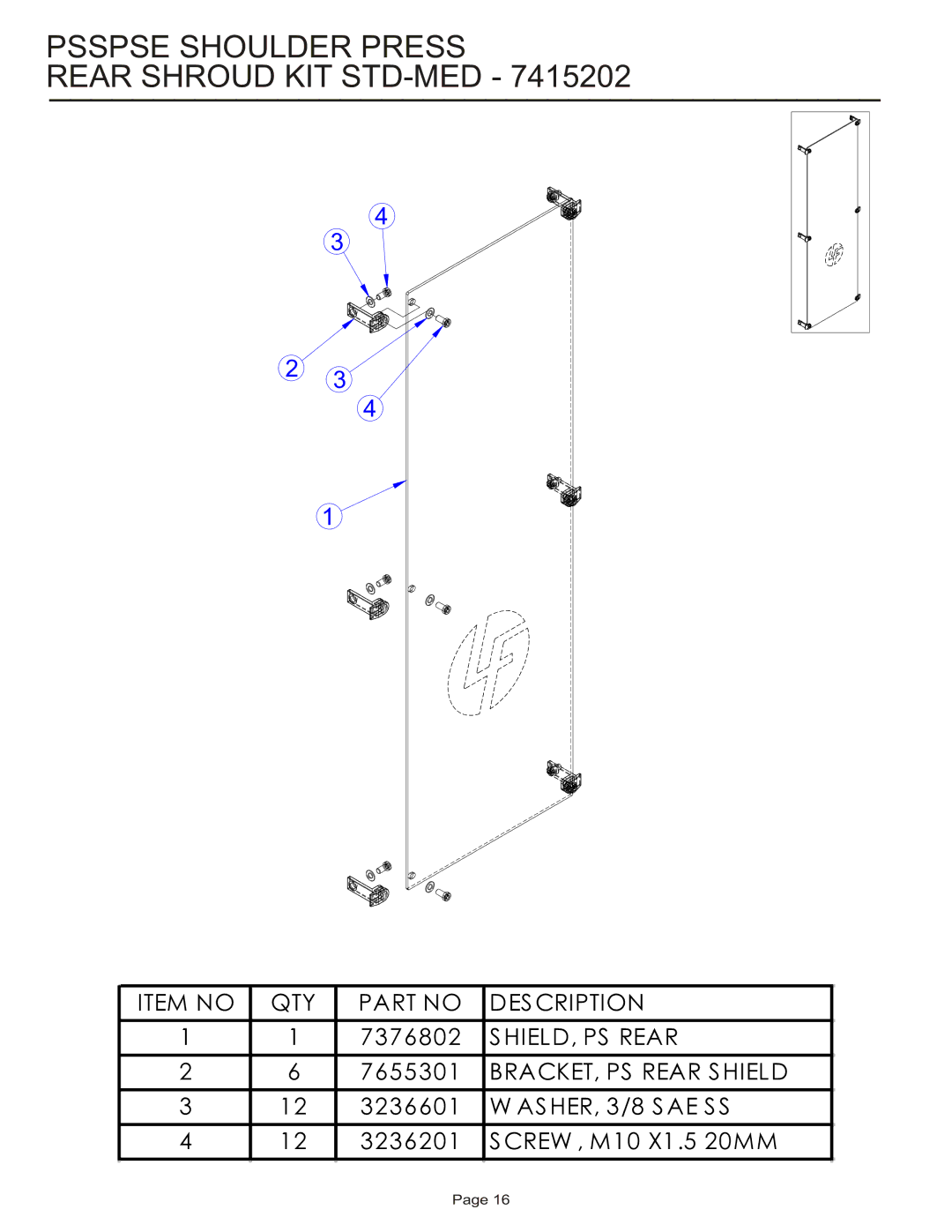 Life Fitness PSSPSE manual Psspse Shoulder Press Rear Shroud KIT STD-MED 