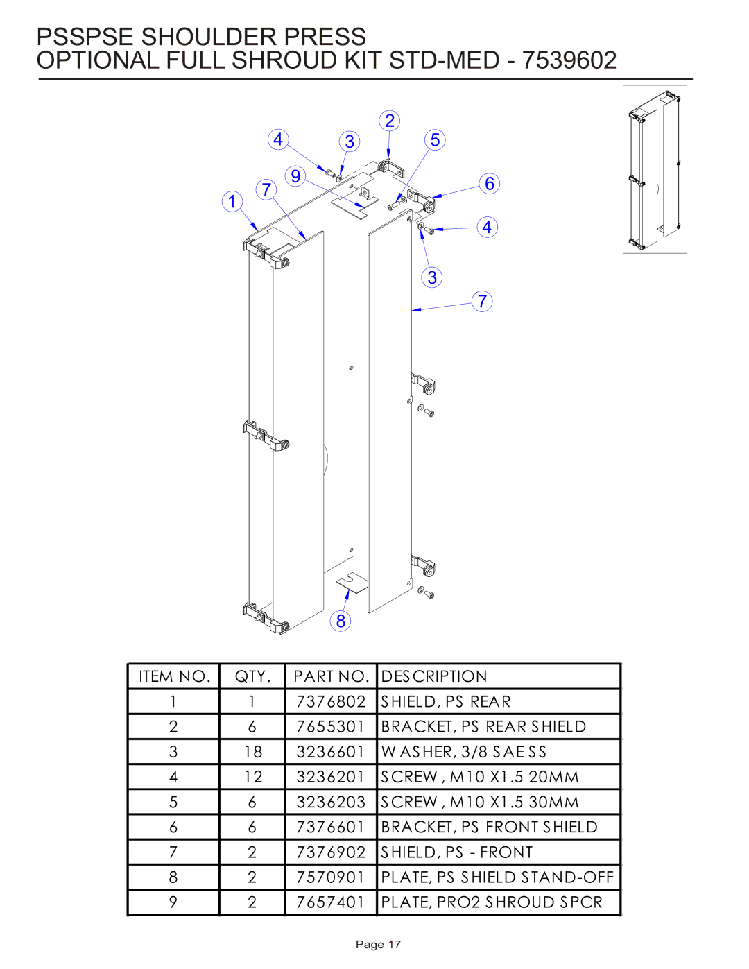 Life Fitness PSSPSE manual Psspse Shoulder Press Optional Full Shroud KIT STD-MED, BRACKET, PS Rear S Hield 