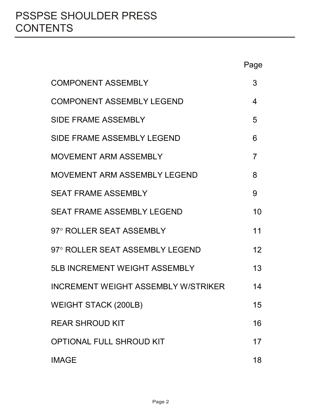 Life Fitness PSSPSE manual Psspse Shoulder Press Contents 