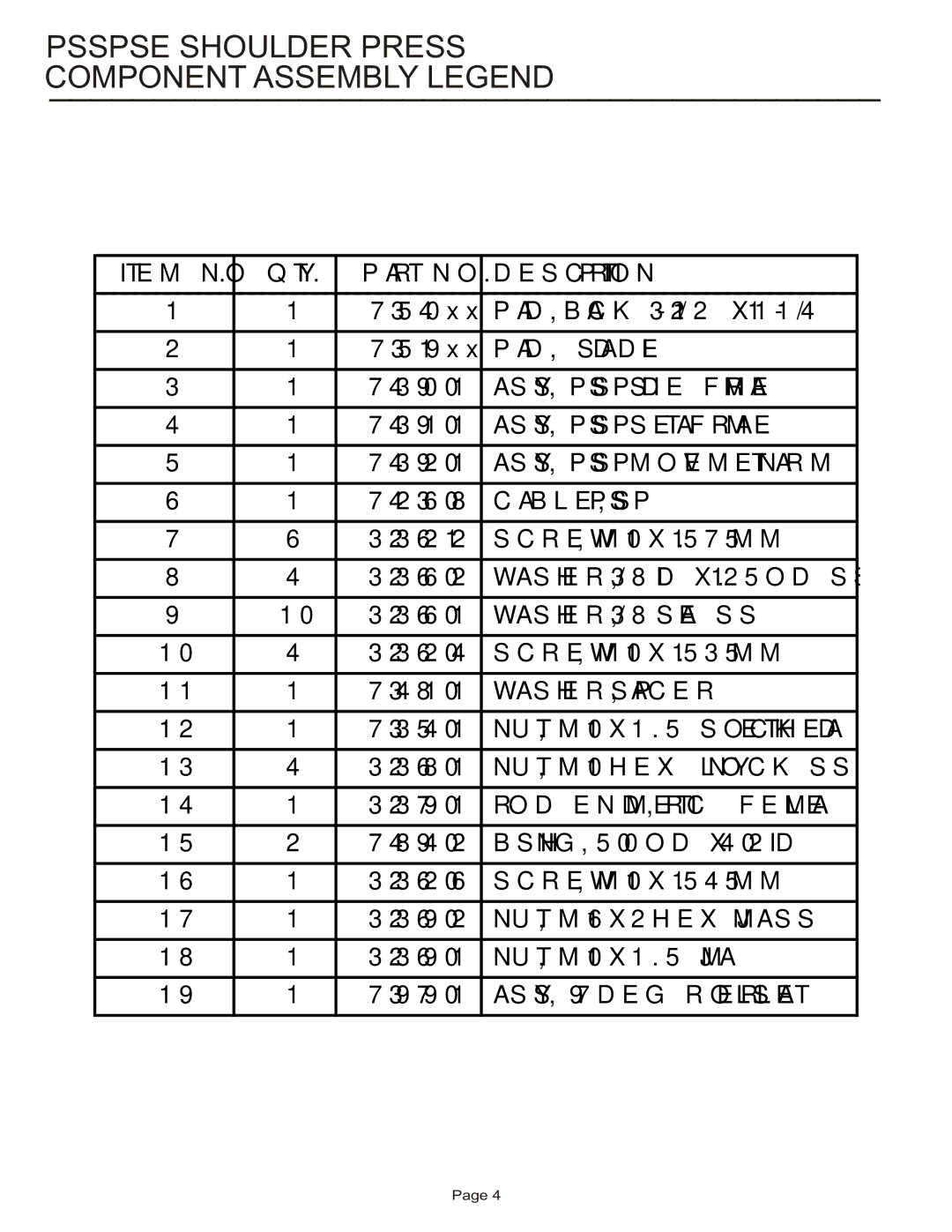 Life Fitness PSSPSE manual Psspse Shoulder Press Component Assembly Legend 