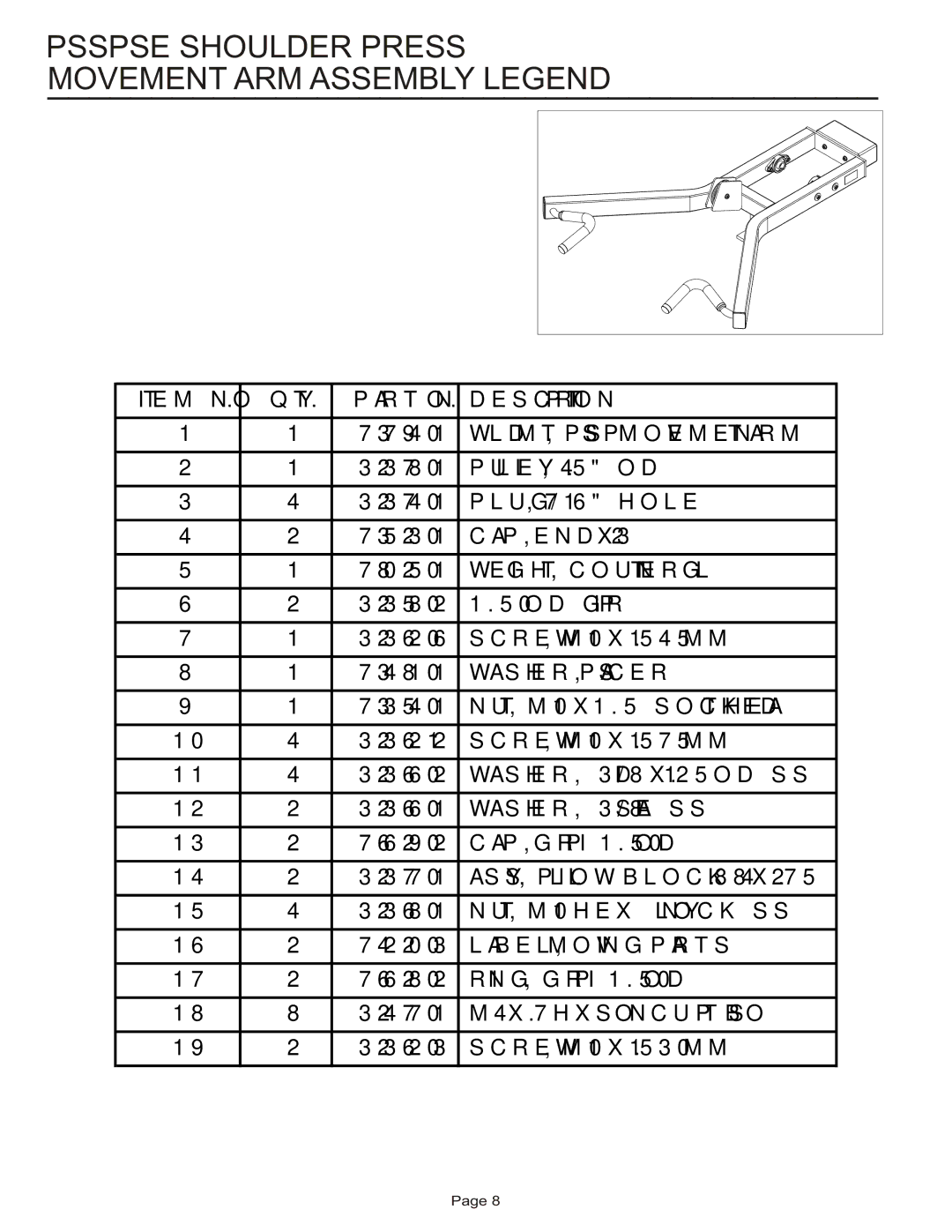 Life Fitness PSSPSE manual Psspse Shoulder Press Movement ARM Assembly Legend 