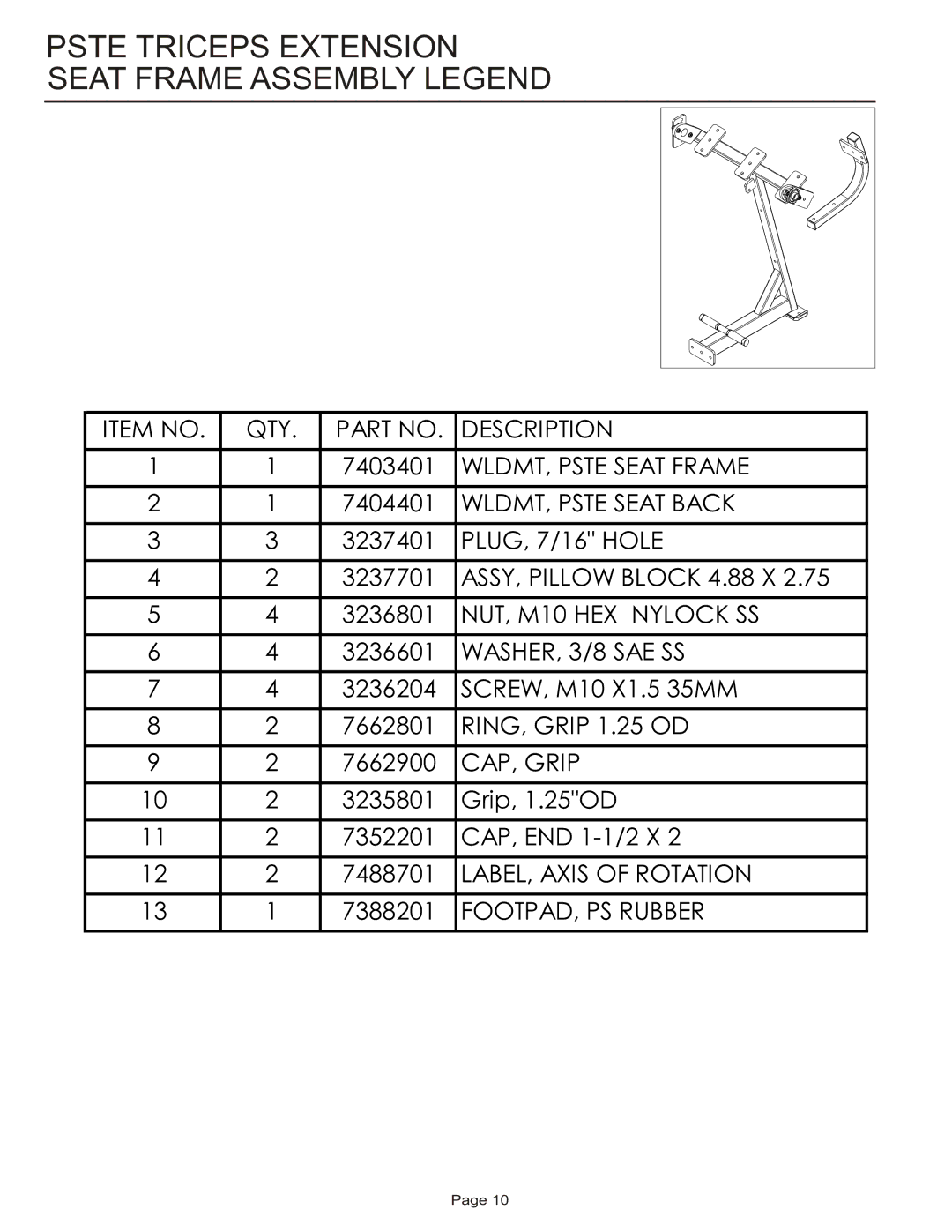 Life Fitness PSTE manual Pste Triceps Extension Seat Frame Assembly Legend 