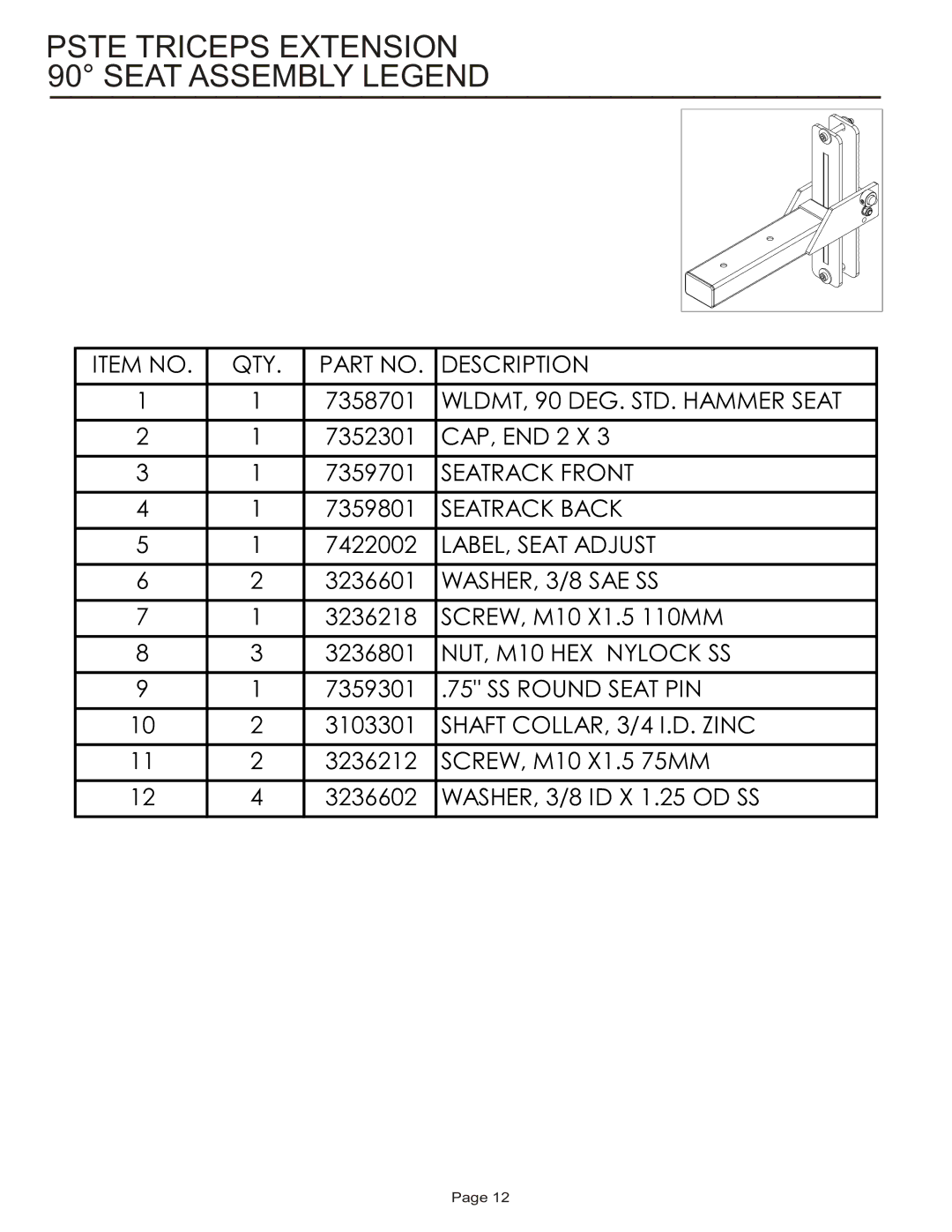 Life Fitness PSTE manual Pste Triceps Extension 90 Seat Assembly Legend 