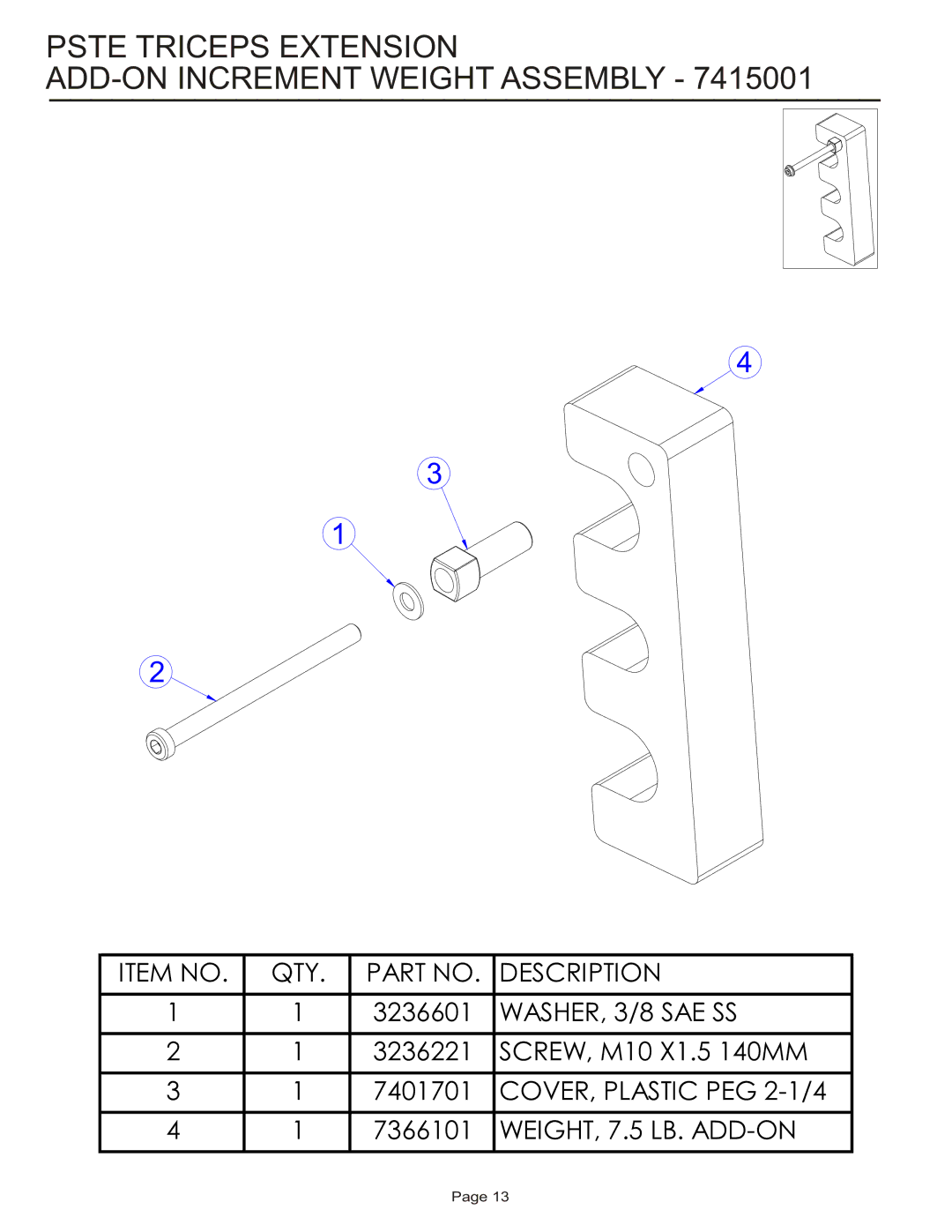 Life Fitness PSTE manual Pste Triceps Extension ADD-ON Increment Weight Assembly 