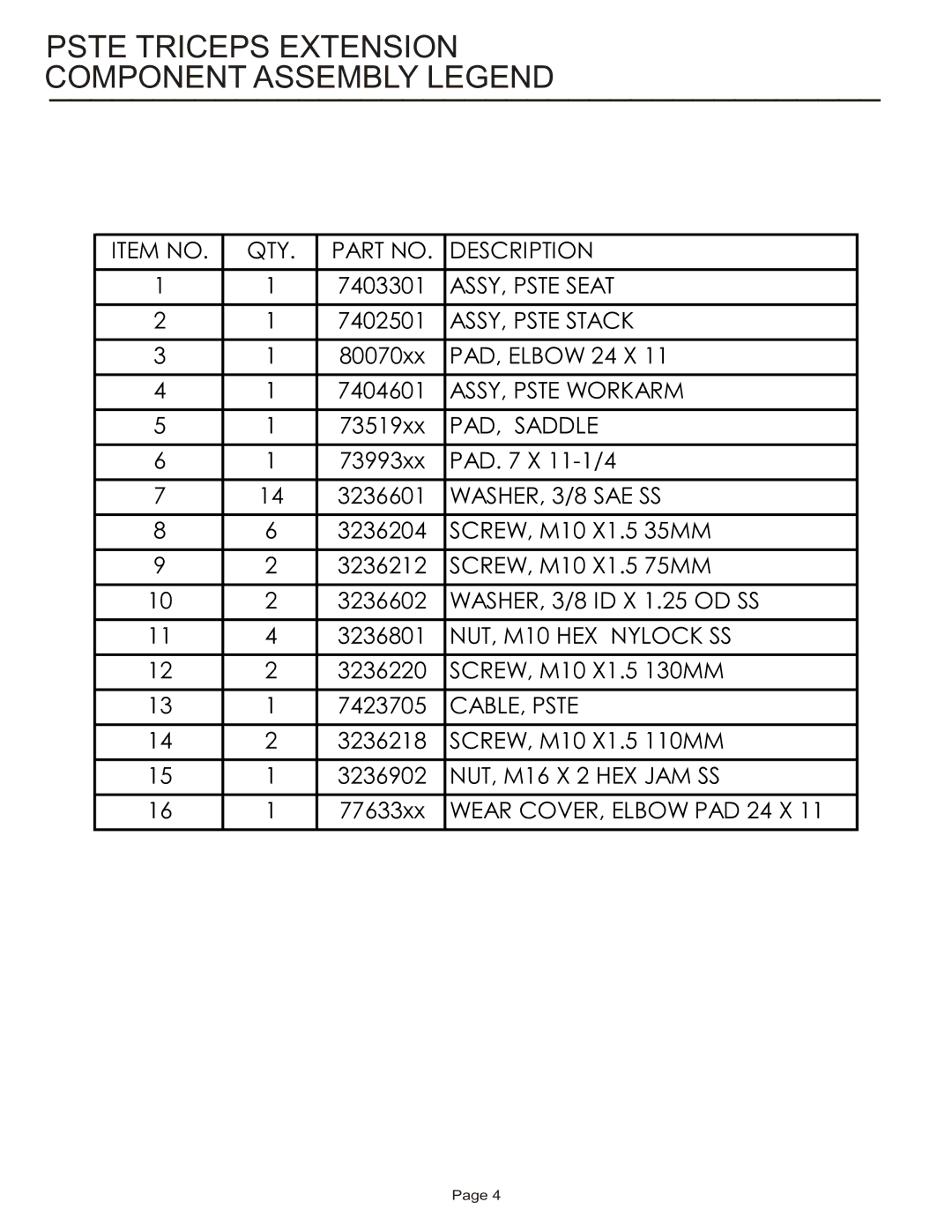 Life Fitness PSTE manual Pste Triceps Extension Component Assembly Legend, WASHER, 3/8 SAE SS 