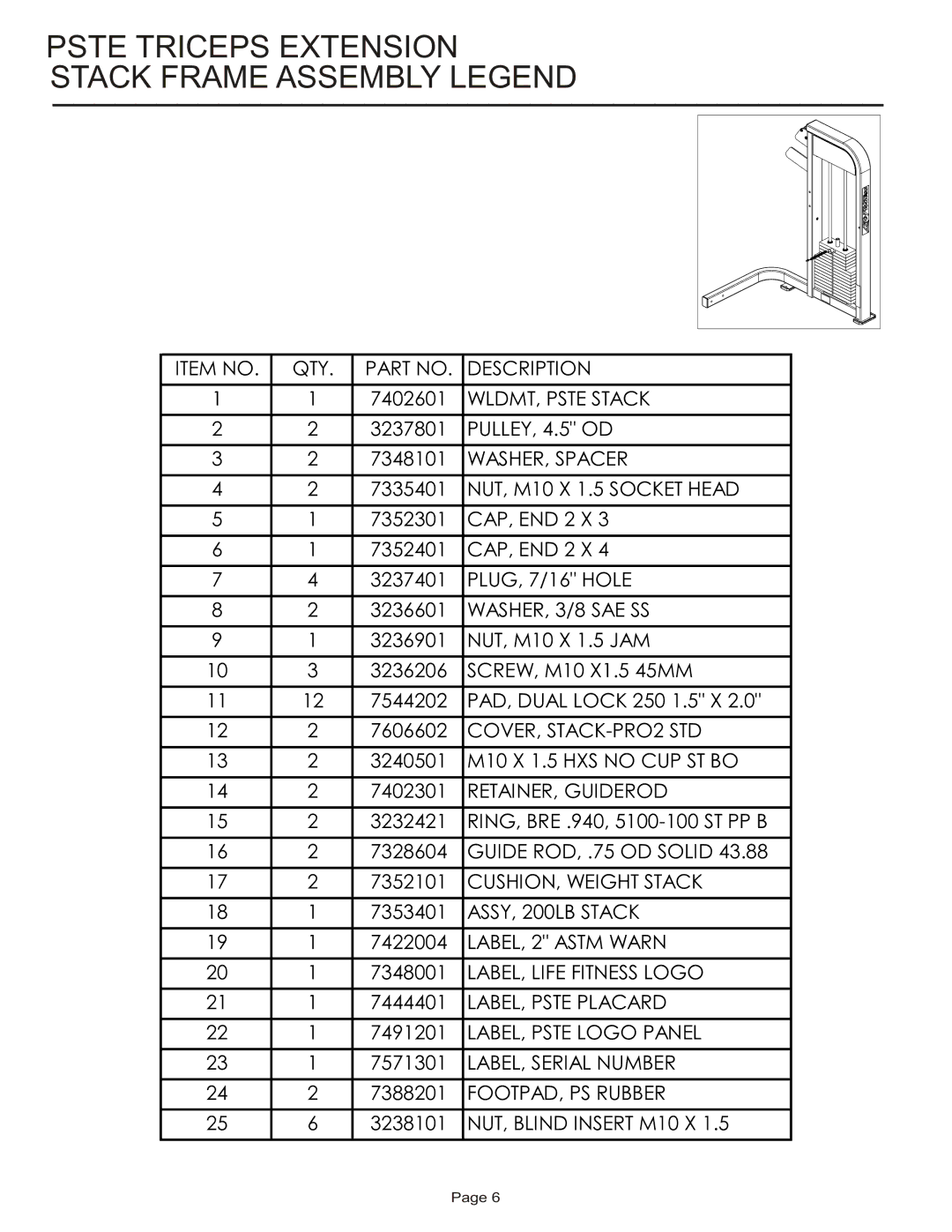 Life Fitness PSTE manual Pste Triceps Extension Stack Frame Assembly Legend, WASHER, 3/8 SAE SS 