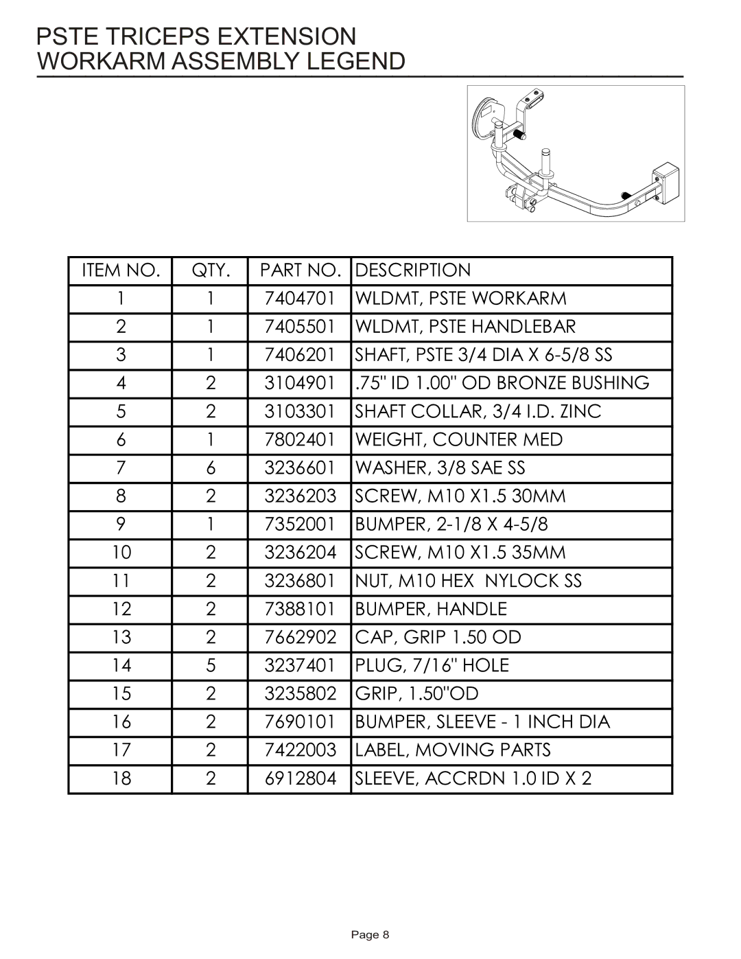 Life Fitness PSTE manual Pste Triceps Extension Workarm Assembly Legend 