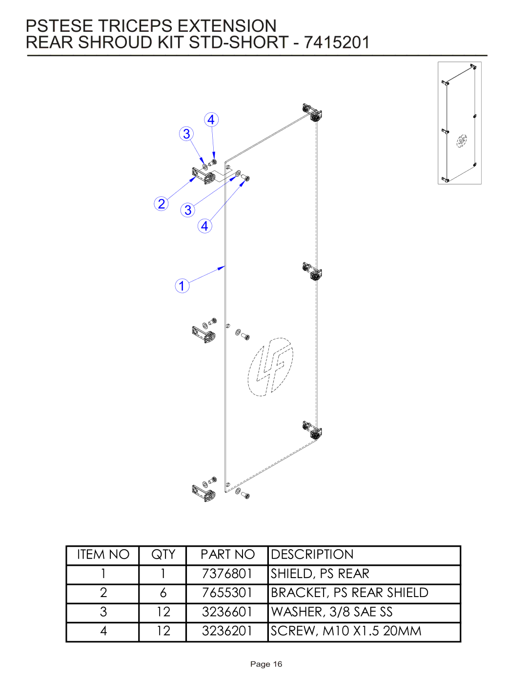 Life Fitness PSTESE manual Pstese Triceps Extension Rear Shroud KIT STD-SHORT 