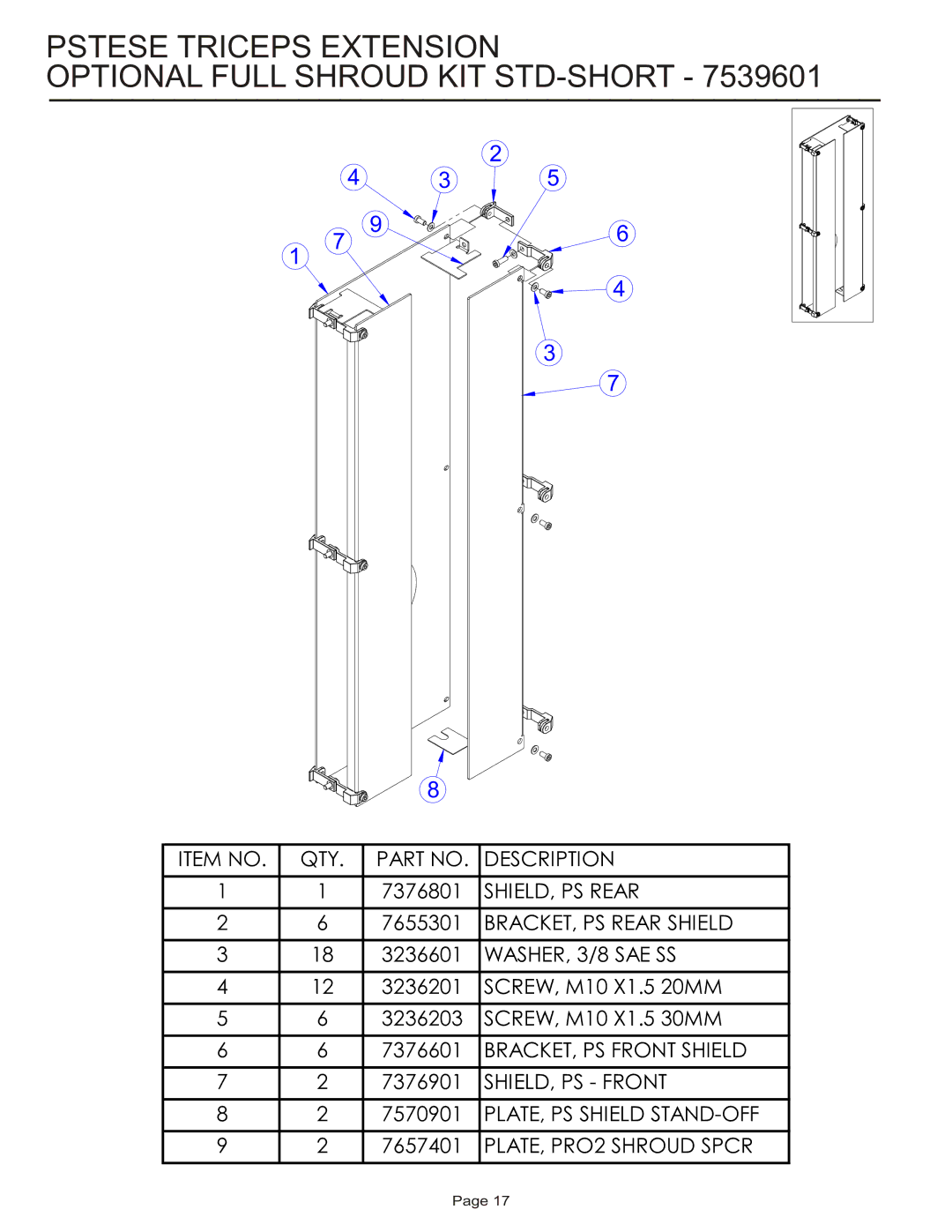 Life Fitness PSTESE manual Pstese Triceps Extension Optional Full Shroud KIT STD-SHORT 