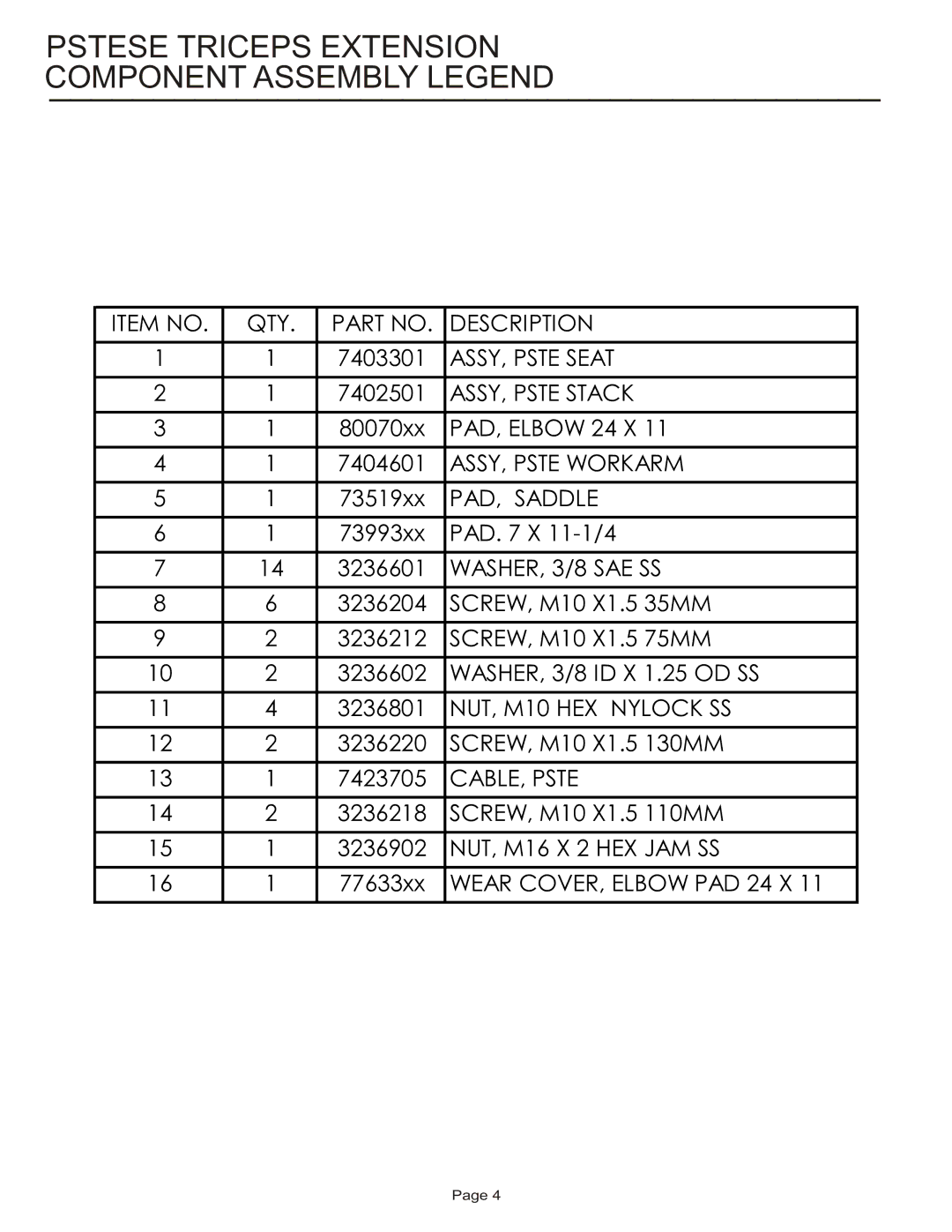 Life Fitness PSTESE manual Pstese Triceps Extension Component Assembly Legend, WASHER, 3/8 SAE SS 